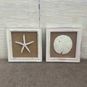 Coastal Starfish & Sand Dollar Wall Art Set Rustic Beach Decor Burlap Background